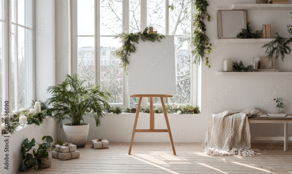 Fototapeta premium A white canvas is propped up against a wall in a room with a window