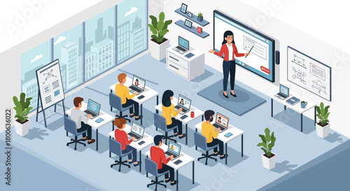 Isometric view of a classroom with students learning from a teacher