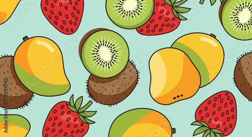 Seamless pattern featuring fresh fruits like mango, kiwi, and strawberry