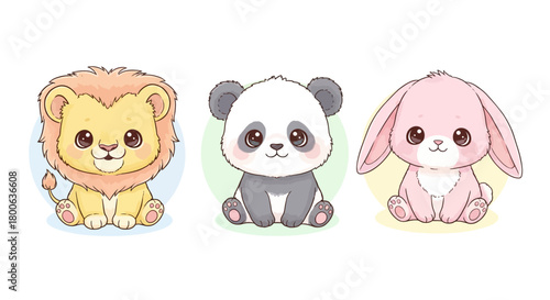 Cute cartoon animals lion, panda, and bunny