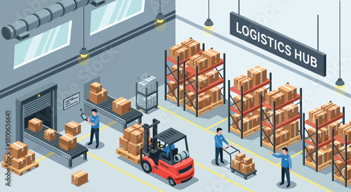 Isometric logistics hub with workers, forklift, and conveyor belt system