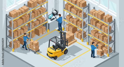 Isometric warehouse scene showcases logistics and distribution operations