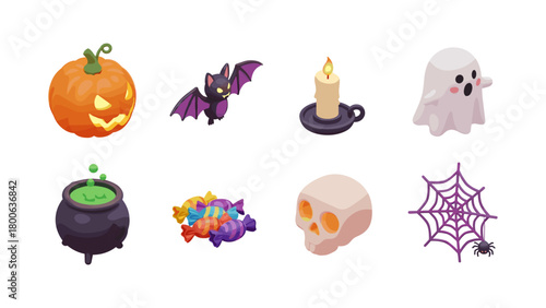 Spooky halloween icons set with pumpkin, bat, and more in isometric flat style