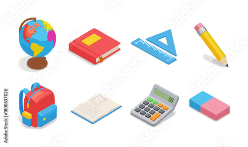 Colorful school supplies set featuring globe, pencil, backpack, and calculator in isometric style