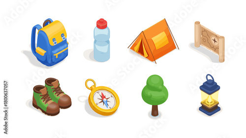 Outdoor adventure gear icons featuring tent, backpack, boots, and more in isometric style