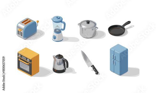 Isometric kitchen tools collection featuring blender, toaster, and more