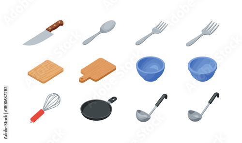 Isometric kitchen utensils and equipment collection for cooking and dining