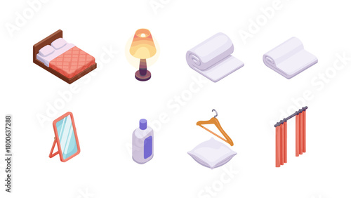 Isometric home essentials set featuring bed, lamp, towels, and more
