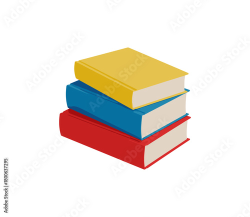 Stack of three colorful books on white background minimalist design
