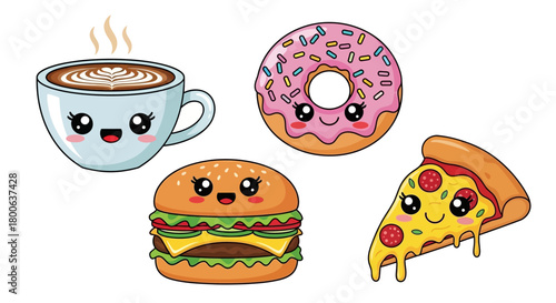 Kawaii food icons featuring coffee, donut, burger, pizza