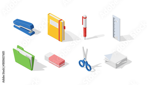 Colorful isometric office supplies set on white background
