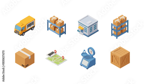 Isometric logistics icons: delivery, packaging, and warehouse elements