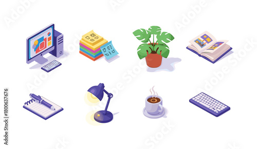 Modern office elements with computer, plant, notepad, and coffee in isometric style