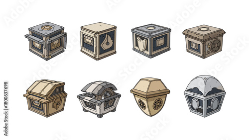 Set of eight isometric futuristic containers with detailed mechanical designs