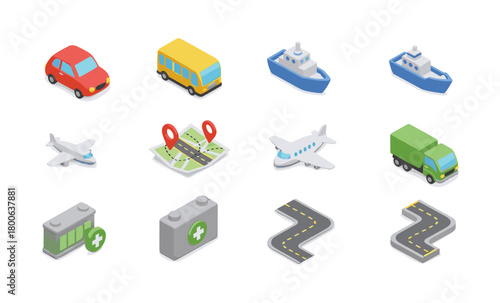 Isometric transportation icons: cars, ships, planes and roads for logistics and travel