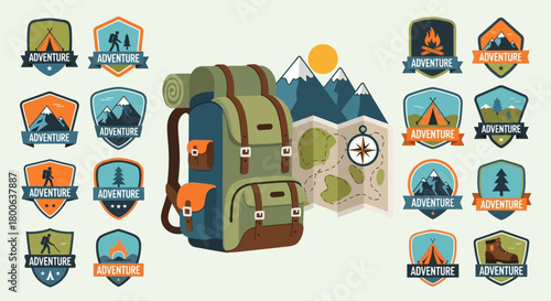 Backpack and map surrounded by outdoor adventure and camping themed badges