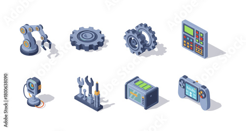Robotic technology set: isometric icons featuring gears, robots, and tools