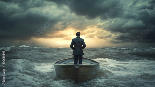 A businessman stands at the back of a small boat in a raging storm, symbolizing leadership, resilience, and navigating challenges to find strategic business solutions.
