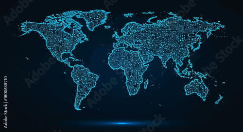 World map made of circuit board pattern on dark blue background