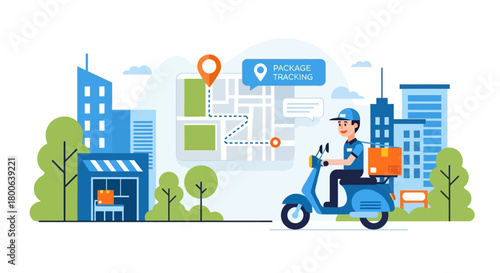 Delivery man riding scooter with package tracking in the city illustration