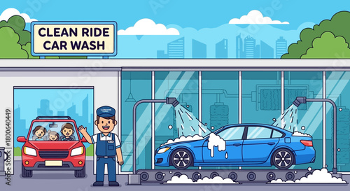 Car wash service with friendly worker and happy customers in the vehicle