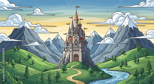 Fairytale castle on a hill with mountains, river, and clouds in the background