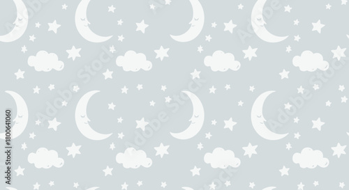 Seamless pattern with moon, stars and clouds on a light blue background