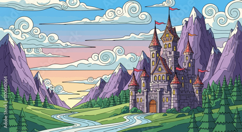 Fantasy castle in a mountain landscape with river and clouds illustration