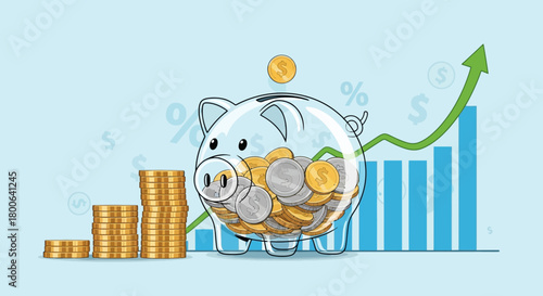 Piggy bank full of coins with growth chart, investment and savings concept