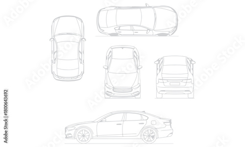 Comprehensive Vehicle Line Art Collection: Construction Trucks, Buses, and Passenger Cars in Top, Side, Front, and Rear View Outlines Vector Set