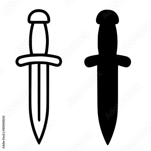 Minimalist icon, dagger vector, black and white, outline and silhouette