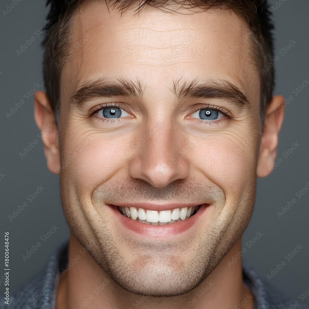 Fototapeta premium Crisp studio portrait of a smiling adult man with bright eyes and natural expression, captured in clean lighting that highlights confidence, positivity, and an approachable professional presence suita