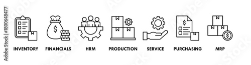 ERP banner web icon vector illustration concept for enterprise resource planning with icon of inventory, financials, hrm, production, service, purchasing, and mrp