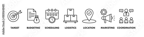 Event management banner web icon vector illustration concept with icon of target, budgeting, scheduling, logistics, location, marketing, and coordination