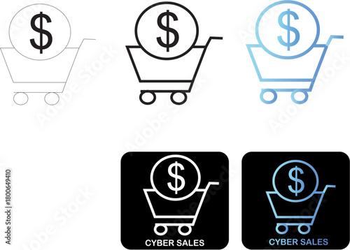 Minimalist shopping cart icons with dollar signs, representing e-commerce, online shopping, and financial transactions in a clean, modern design suitable for digital platforms and marketing materials