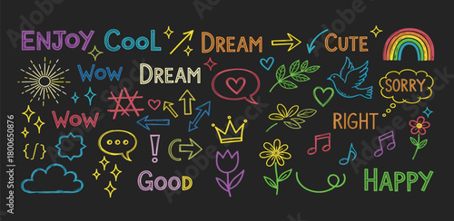 Collection of colorful chalk drawings of positive words, symbols, and illustrations on a black background, representing joy and creativity