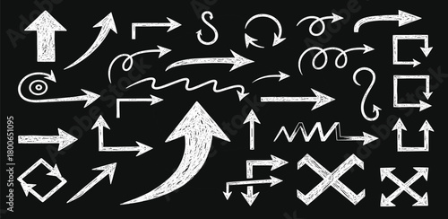 A collection of hand-drawn chalk arrows in various styles and directions, symbolizing direction, movement, and guidance on a blackboard background