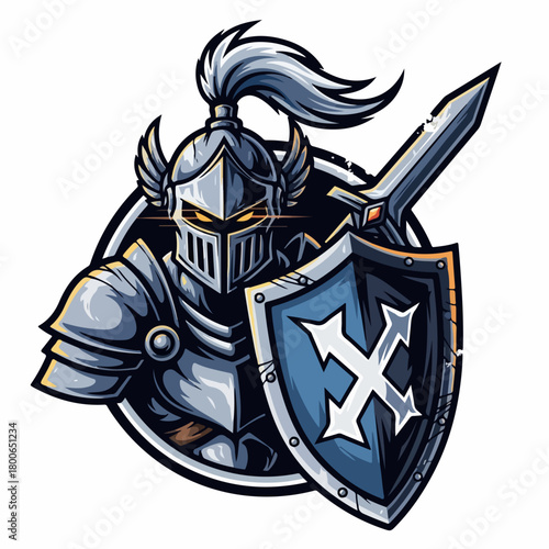 Epic knight warrior emblem with sword and shield, powerful medieval warrior character logo for gaming and esports