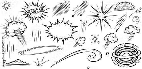 Set of diverse comic inspired graphic elements, featuring dynamic speech bubbles, impactful explosion effects, fast speed lines, and other action visuals for creative projects