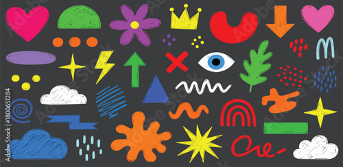 Vibrant and Whimsical Collection of Hand-Drawn Geometric and Organic Shapes, Icons, and Symbols on a Dark Background