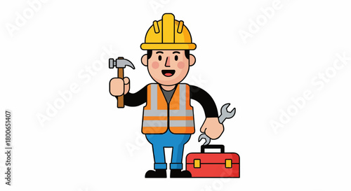 Cartoon construction worker holding tools flat vector illustration.