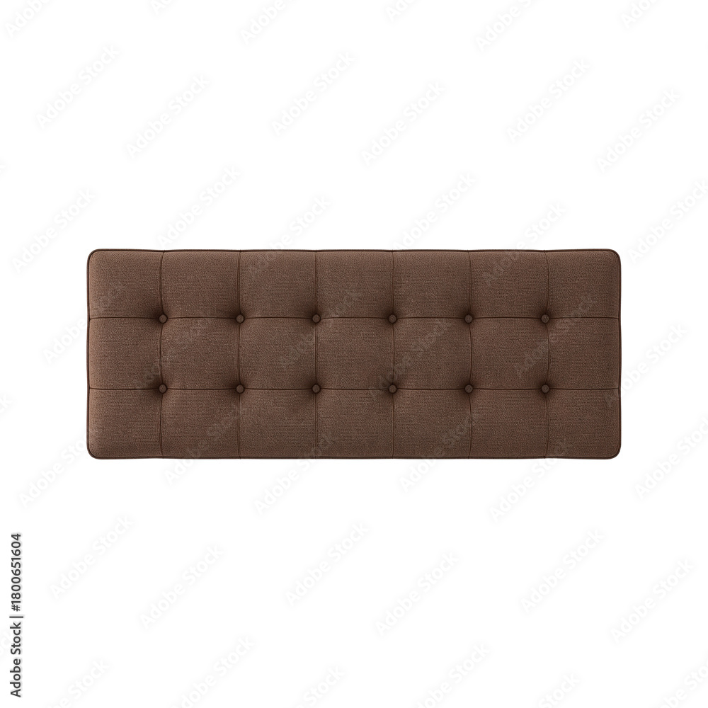 Naklejka premium Elevated view showcasing a tufted ottoman against stark black background highlighting craftsmanship