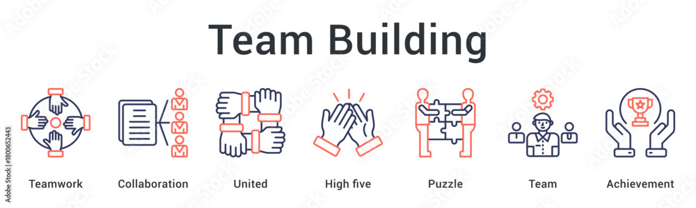 Obraz premium Team building fostering collaboration and unity through integrated teamwork leading to collective achievement. icon sheet multiple style collection