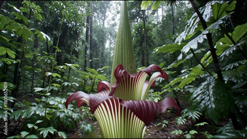 Titan Arum blooming in a lush tropical rainforest a rare and magnificent natural spectacle.