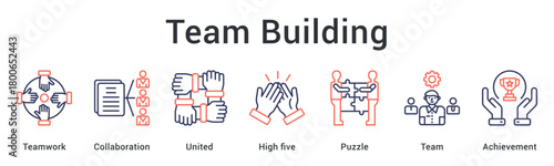 Team building fostering collaboration and unity through integrated teamwork leading to collective achievement. icon sheet multiple style collection
