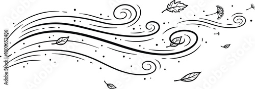 Dynamic hand-drawn illustration capturing the swirling motion of a powerful wind gust, intricately scattering autumn leaves across a monochrome, expressive design