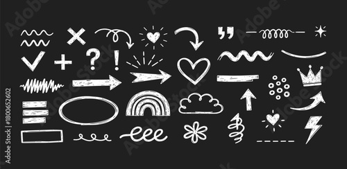 Chalk Hand-Drawn Elements Collection on Black Background Arrows, Hearts, Stars, and More