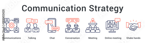 Communication strategy integrating talking and chat through meetings leading to agreements and partnerships. icon sheet multiple style collection