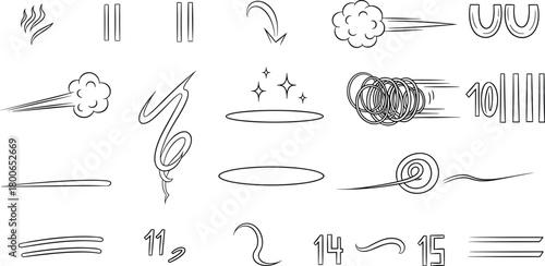 Collection of expressive graphic concept elements portraying speed, impact, and motion for dynamic visual storytelling and impactful design projects