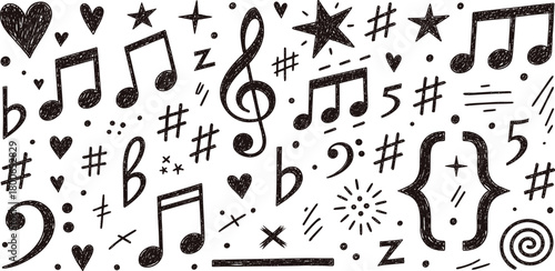 A whimsical hand-drawn doodle pattern featuring musical notes, clefs, hearts, stars, and assorted whimsical elements on a white background, perfect for creative projects and music-themed designs